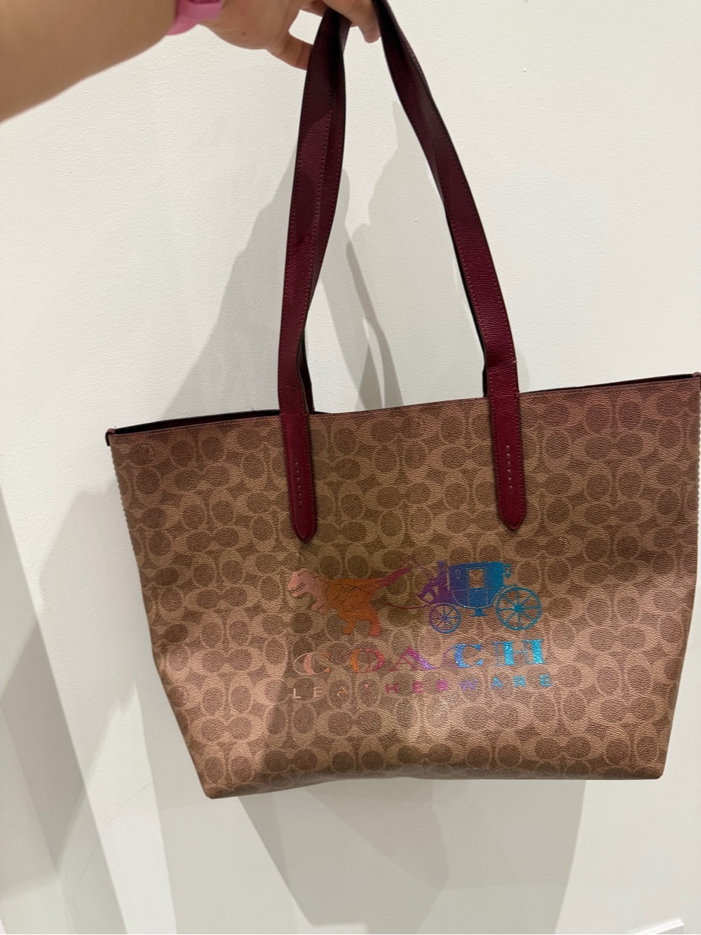 Coach Brown Signature Tote with Burgundy Handles and Iridescent Logo